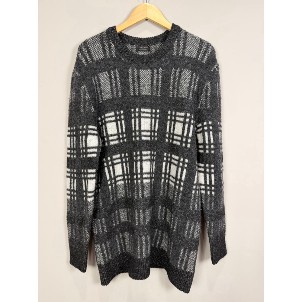 Men's ZARA MAN Gray White‎ Plaid Crewneck Sweater L